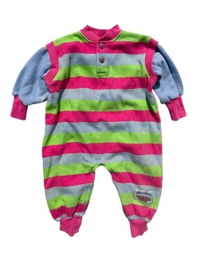 Weebok Baby 24M Pink Green Blue Striped Fleece Romper Vintage 90s Retro